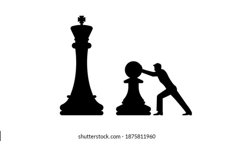 The little man is pushing giant Pawn in the direction of giant King. Chess pieces and human figure. The concept of strategy, games, and movement to success. Vector black and white illustration.