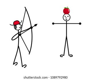 The little man in a red hat shoots a bow in the apple on the head of another person. Cartoon, funny drawing. Vector graphics.