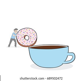 A little man rolls a cookie in a cup of tea. vector illustration.