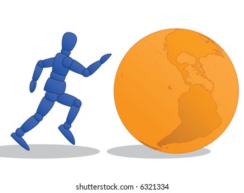 Little Man running to orange globe