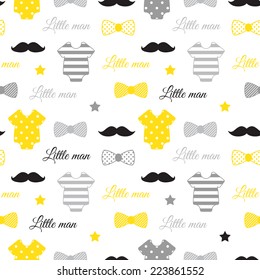 Little man seamless pattern. Black, white, yellow, gray colors. Illustration of baby clothes, mustaches, bow ties. 