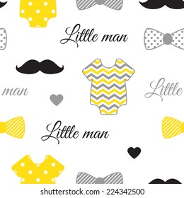 Little man seamless pattern. Black, white, yellow, gray colors. Illustration of baby clothes, mustaches, bow ties. 