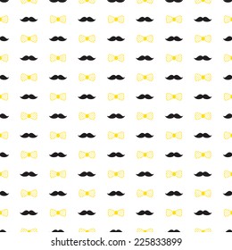 Little man seamless pattern. Black, yellow, gray colors. Illustration of mustaches, bow ties. 
