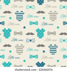 Little Man Seamless Pattern. Blue, Gray, Cream Colors. Illustration Of Baby Clothes, Mustaches, Bow Ties. 