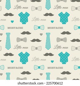 Little man seamless pattern. Blue, gray, cream colors. Illustration of baby clothes, mustaches, bow ties. 