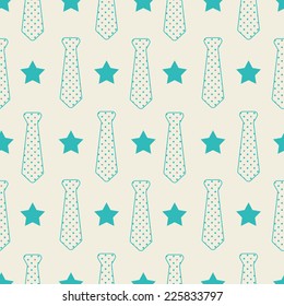 Little man seamless pattern. Blue, gray, cream colors. Illustration of ties and stars. 