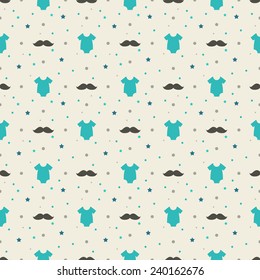 Little man seamless pattern. Blue, gray, cream colors. Illustration of baby clothes and mustaches.