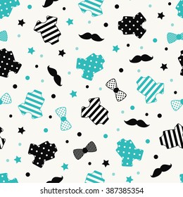Little Man Seamless Pattern. Blue, Black And Cream Colors. Illustration Of Baby Clothes, Mustaches, Bow Ties. 