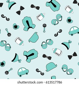 Little man seamless pattern. Blue, black and cream colors. Illustration of baby clothes