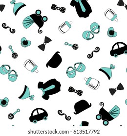 Little man seamless pattern. Blue, black and cream colors. Illustration of baby clothes