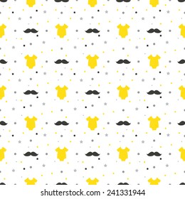 Little man seamless pattern. Yellow, gray, white colors. Illustration of baby clothes and mustaches.