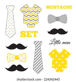 Little man set. Black, gray, yellow, white colors. Illustration of baby clothes, mustaches, bow ties, ties. 