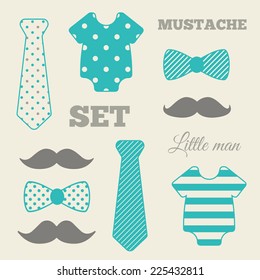 Little Man Set. Blue, Gray, Cream Colors. Illustration Of Baby Clothes, Mustaches, Bow Ties, Ties. 