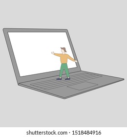 A little man stands on a huge laptop and points to the screen