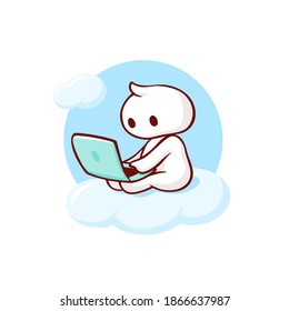 The little man studies, works at the computer. Online work. Blogging or working on a laptop. Vector image of a man watching a video.