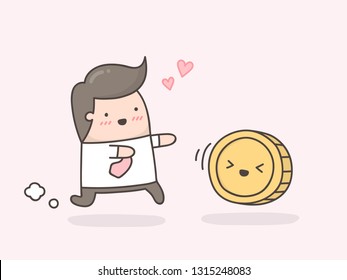 Little man trying to catch a coin. Cute cartoon doodle illustration.