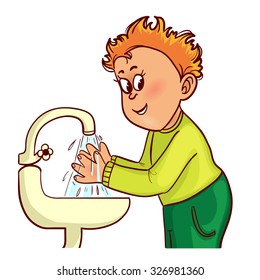 Little man washes his hands, vector image