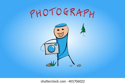 The little man worked as a photographer. Caricature. Cartoon. Flat. Primitive drawing.