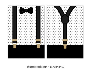 Little man/gentleman birthday party (baby shower, father's day) invite card. Vector vintage bow tie and suspenders. Front and back side. Black, white and gold - classic shirt with polka dots pattern.