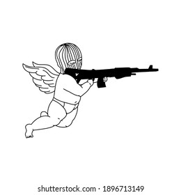 Little Masked Cupid Fires A Weapon. Valentine's Day Concept. Linear Doodle Style. Vector On Isolated White Background. For Printing On Cards, Invitations, Tattoo, Clothing Design