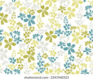 Little meadow buttercup flowers repeat pattern vector design. Ditsy primitive motif. Shabby chic textile print with flower inflorescences. Buttercups bloom summer print.