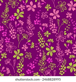 Little meadow buttercup flowers repeat pattern vector design. Millefleurs rustic motif. Country-style textile print with flower truss elements. Forget-me-nots blossom summer print.