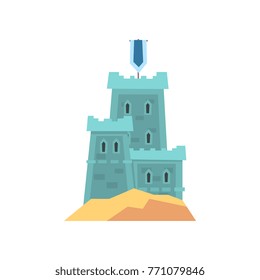 Little medieval fortress in blue color. Old royal castle on hill. Historical building. Flat vector design for children s book, landmark icon or mobile game