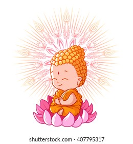 Little meditating Buddha on the lotus. Cartoon character. Vector cartoon illustration on a white background.