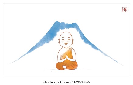 Little meditating buddhist monk in orange robe and blue Fujiyama mountain on white background. Traditional oriental ink painting sumi-e, u-sin, go-hua. Translation of hieroglyph - zen.