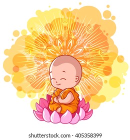 Little meditating monk on the lotus. Sunny day. Vector cartoon illustration on a yellow spotted background.