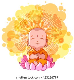 Little meditating monk on the lotus. Sunny day. Vector cartoon illustration on a yellow spotted background.