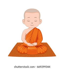 Little meditating monk in the orange robe. Vector cartoon illustration.