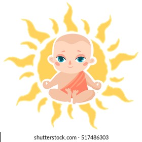 Little meditating monk. Vector cartoon illustration with a sun.