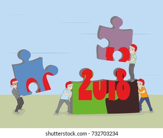 little men collect a puzzle with the inscription 2018. concept of the arrival of the new year. Vector illustration.
