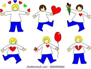 Little men from the designer with flowers, balloons, lovers and broken hearts.