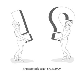 Little men hold a question and exclamation mark. vector illustration.