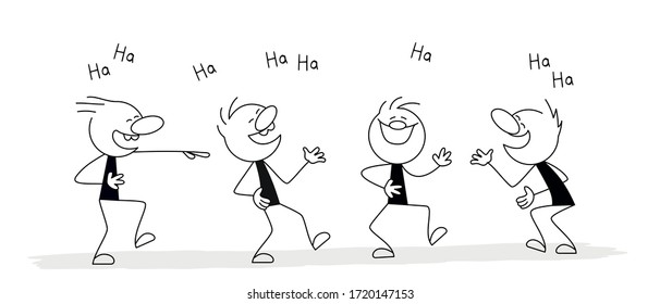 Little men laugh. Vector stickman cartoon character illustration.