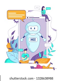 Little Men on Smartphone Vector Illustration Chatbot Says Hi. Artificial Intelligence Browser Guy Sends Message on Mobile Help Assistant Electronic for Cybersecurity Modern Life in Big City.