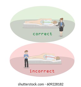 little men show the correct and incorrect position during sleep on your side. Medical recommendations. vector illustration.