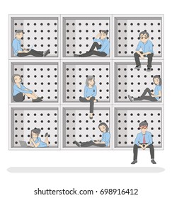 Little men sit each in a separate box. Concept of personal space. Each is allocated a separate place. vector illustration.