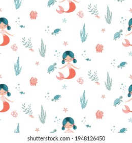 Little mermaid with baby turtle seamless pattern, vector illustration, children artworks, greeting cards, prints, t-shirt graphics, wallpapers.