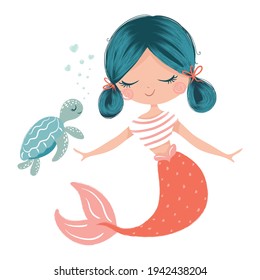 Little mermaid with baby turtle vector illustration, children artworks, greeting cards, prints, t-shirt graphics, wallpapers.