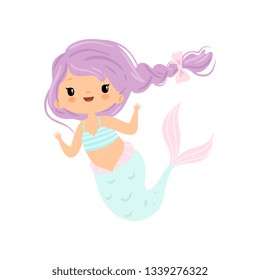 Little Mermaid with Beautiful Hair Braided in Braid, Cute Sea Princess Character Vector Illustration