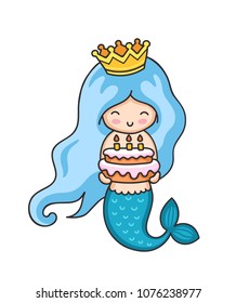 Little mermaid with birthday cake. Vector illustration for card, invitation, print.