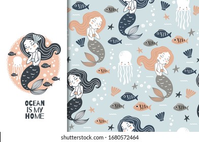 Little mermaid card and seamless pattern set. Hand drawn illustration. Fabric textile surface design.