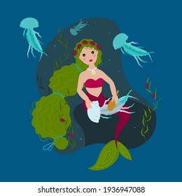 Little mermaid caring a jellyfish. Vibrant colors and cute character. Hand drawn vector illustration in cartoon style.
