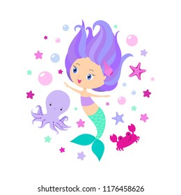 Little mermaid cartoon style character with friends, cute octopus, funny crab, stars, bubbles, under the sea, vector illustration for kids game, app, clothing print, textile, book, birthday poster. 