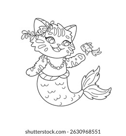 Página de coloração do gato da sereia pequena para imprimir. Personagens subaquáticos bonitos para livros de colorir. Sereia de gatinho doce em contas de pérola com peixe
