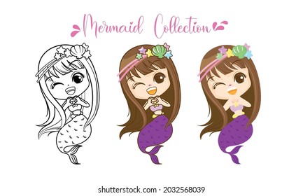 Little Mermaid character cartoon, cute girl fish, Mermaid  with love, isolated on white background, Vector Illustration