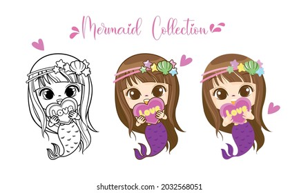 Little Mermaid character cartoon, cute girl fish, Mermaid  with love, isolated on white background, Vector Illustration